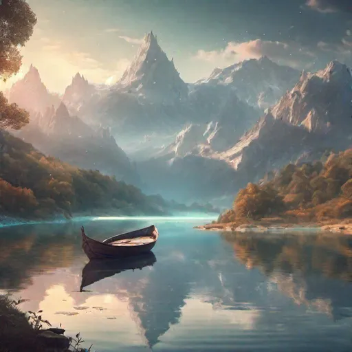 Prompt: a peaceful fantasy landscape with a boat in the middle of a lake and mountains