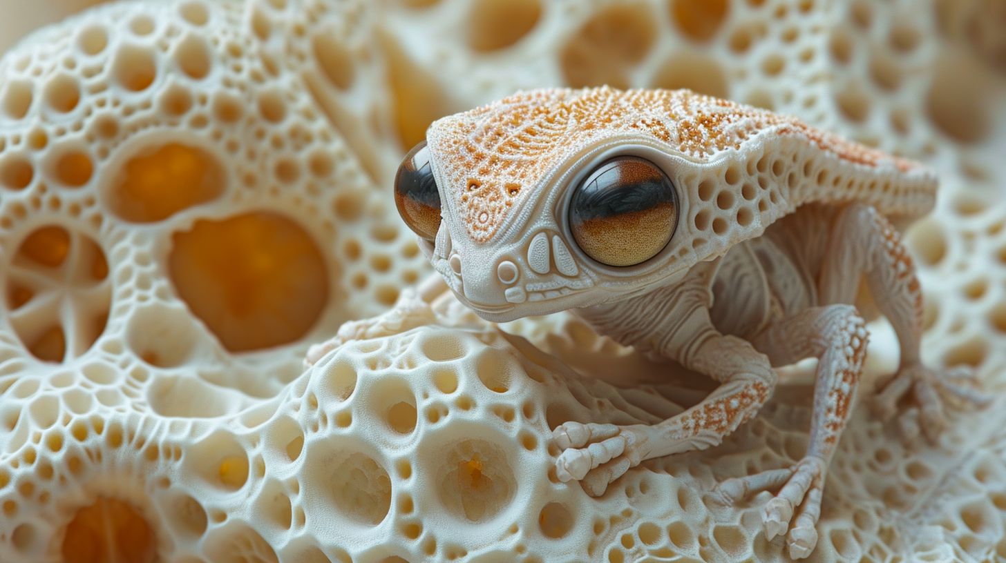 Prompt: Humanoid alien with large, expressive eyes, and textured skin that resembles patterns found in nature, such as honeycombs or coral. The creature is in a curious pose, lying down on a surface that has a unique geometric texture, with raised dome-like shapes scattered in an organized fashion. The color palette is monochromatic, with varying shades of creamy beige. The lighting is soft and diffused, casting gentle shadows that accentuate the textures of both the alien's skin and the patterned surface. The overall mood is one of wonder and intricate detail, with a focus on the tactile quality of the scene.