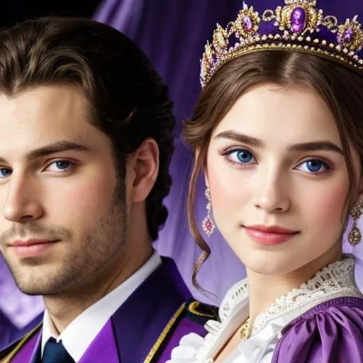 Prompt: European prince and princess wearing purple, facial closeup