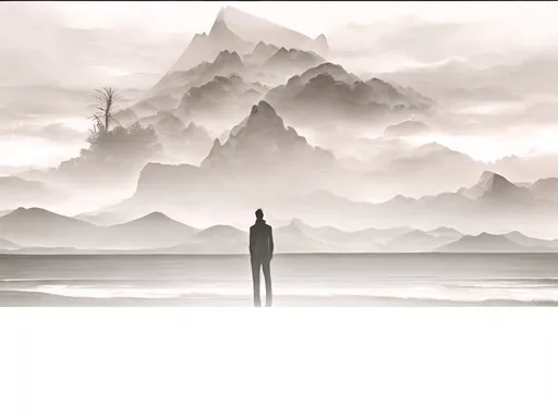 Prompt: A young man lost in the world.  standing by the ocean. mountains in the background. a single tree silhouetted against a cloudy and dreary sky. a gust of strong wind blowing through his scarf, one crow flying, dramatic atmosphere, soft muted colors, high detail, ultra-detailed, capturing a sense of vulnerability and isolation.