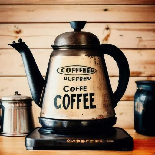 Prompt: a vintage coffee pot sitting on a stove with a wooden sign in the background with the words "Coffee" painted on it