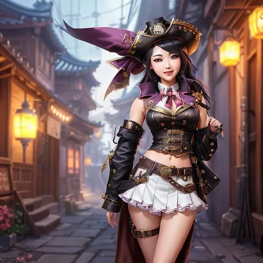 Prompt: a steampunk korean in a short skirt and jacket standing in a alley, fantasy character art, cruel korean goth girl, female pirate captain, cheerful expression, bodybuilding blacksmith, cute:2, inspired by Dong Qichang, with a cute steampunk calico cat, official splash art, evil smile
