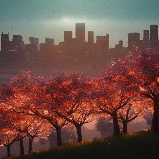 Prompt: three low poly cherry blossom trees on a hill in autumn at night, with city skyline in the background