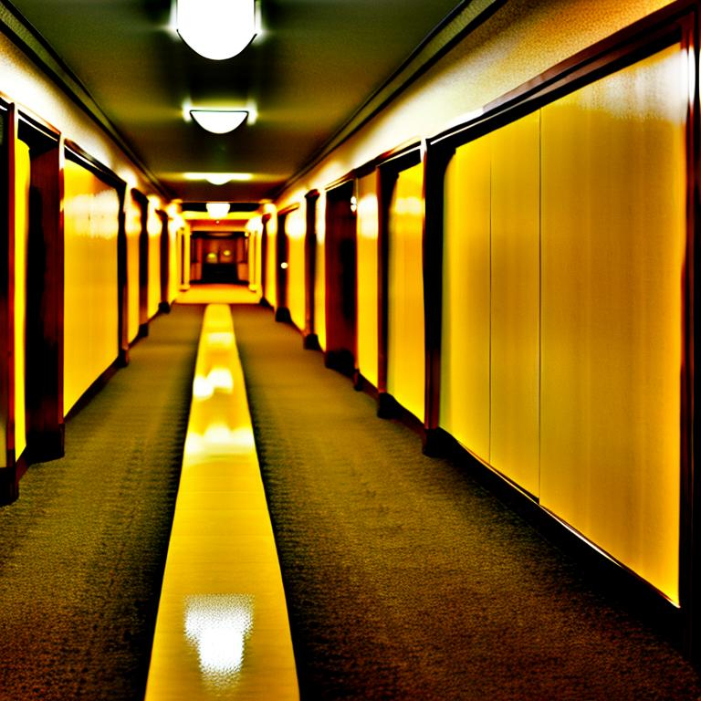 an empty hotel hallway with different closed doors a... | OpenArt