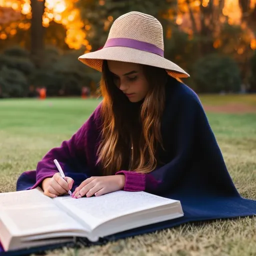 Prompt: beautiful girl writing her book, big hat so you see no face , sitting on a wyco blanket in the park 
