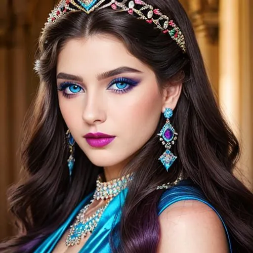 Prompt: a realistic feminine elegant princess ,  dark hair, large blue eyes, wearing jewls in her hair,  beautiful makeup, blue eyeshadow, dark pink lipstick, facial closeup