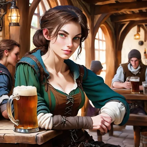 Prompt: Young teen, thin, beautiful, Female rogue adventurer in tavern, drinking ale 