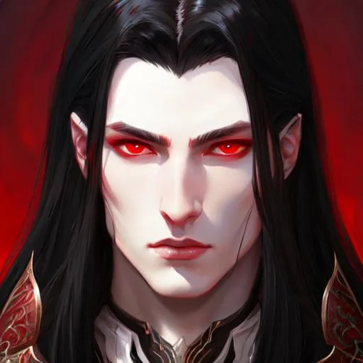 Prompt: Male with long black hair, pale skin and red eyes, elegant, elden ring, highly detailed, concept art, face enchanced, fantasy, portrait, digital painting, artstation, redish background.