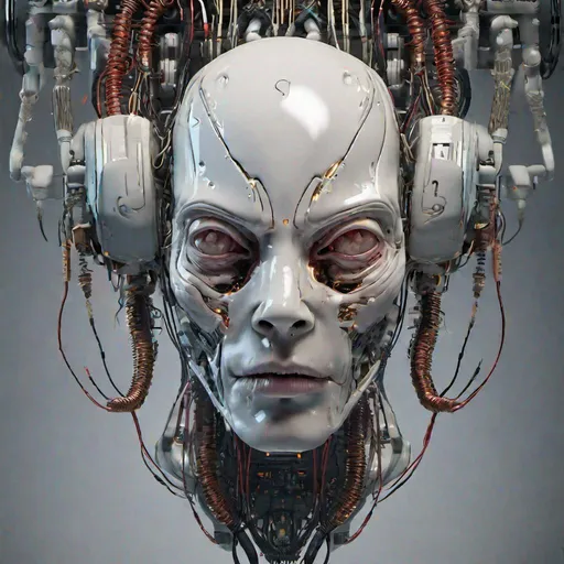 Prompt: cover album art complex 3d render ultra detailed of a beautiful porcelain alien head hanging from the ceiling android face, cyborg, robotic parts, 150 mm, dark studio soft light, rim light, vibrant details, gore cyberpunk,  lace, hyperrealistic, anatomical, facial muscles, cable electric wires, microchip, elegant, beautiful background, octane render, H.R. goya style, 8k