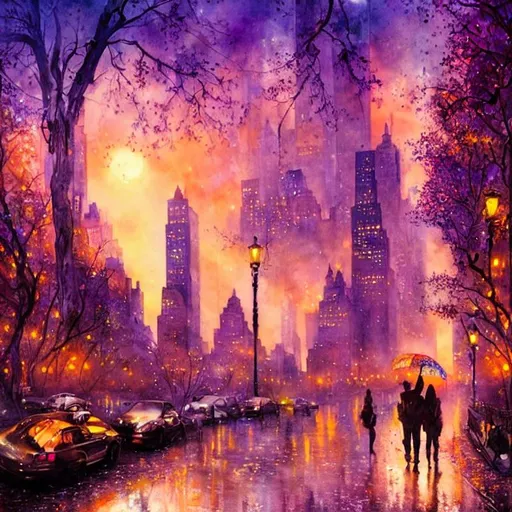 Prompt:  New York City central park, surrounded by  vegetation, city  street , sunrise, petals rain, watercolor  art by Daniel Merriam, Josephine Wall, Jeremy Lipkin,  Alayna Danner,  cinematic smooth, super clear resolution,  intricate, highly detailed, crispy quality, dynamic lighting, hyperdetailed and realistic, fantastic view