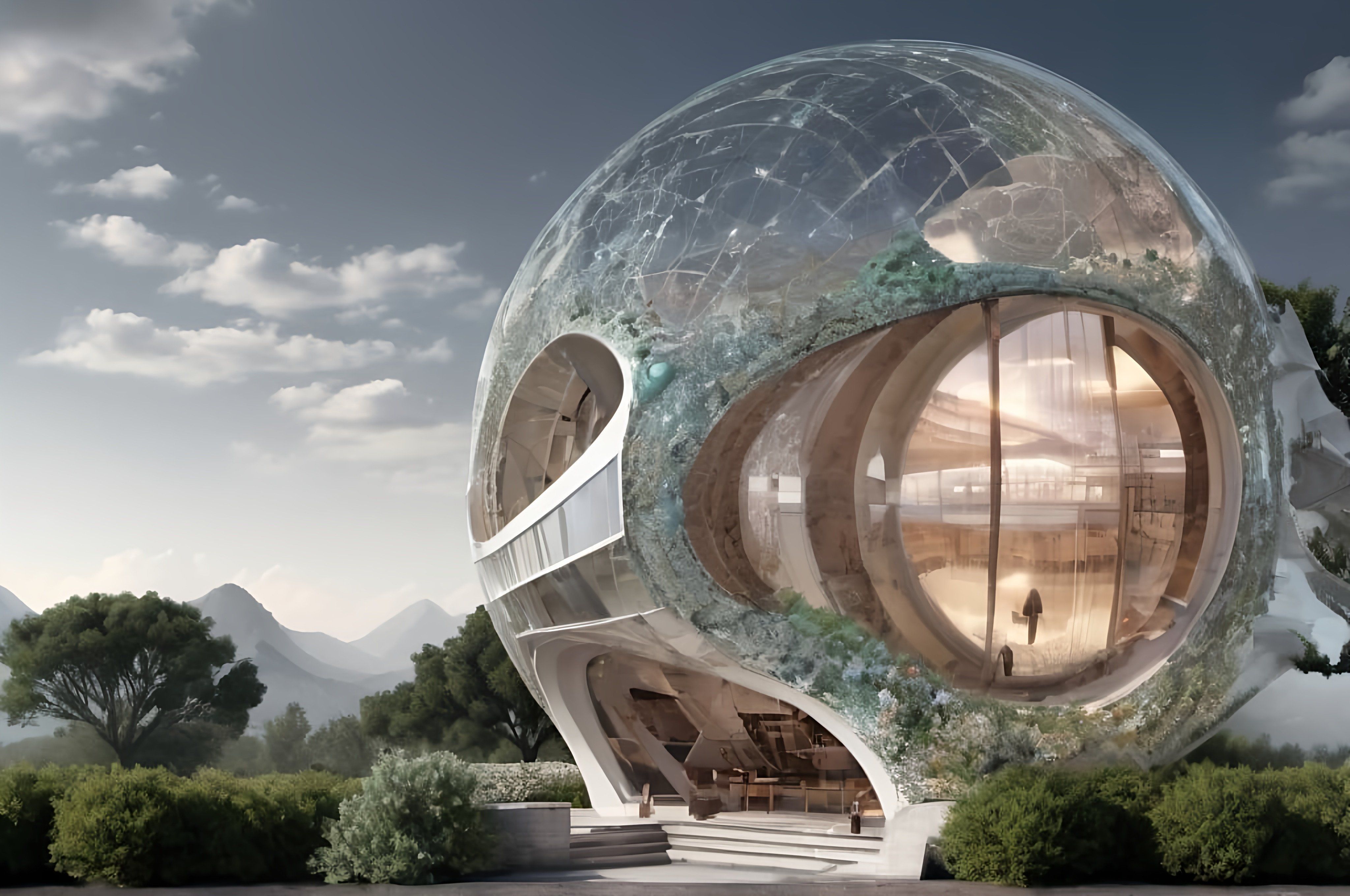 Prompt: a futuristic building with a glass dome on top of it's roof and a staircase leading to the upper level, solarpunk, a digital rendering