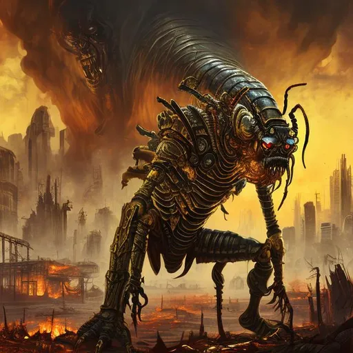 Prompt: a sad looking creature half man half insect tall colorated in gold and shining brown watching a distroyed and burning city  ,  1800 style paiting , fallout 4 background , vibrant colour