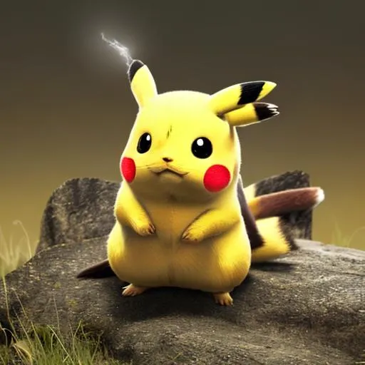 Prompt: Pikachu is yellow with brown stripes on its back, black-tipped ears, red electrical pouches on its cheeks, and has a lightning-bolt-shaped tail. It evolves into Raichu via use of a Thunder Stone.