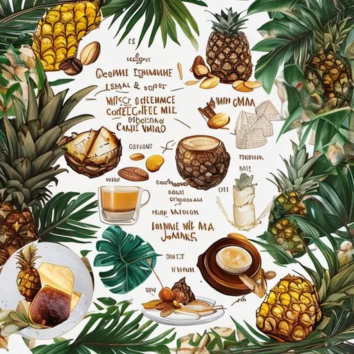 Prompt:  draw a composition of elements like coffee,  whiskey, roasted pineapple, almond milk and coastal cheese in the jungle