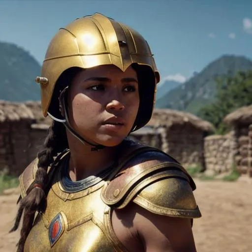 Prompt: Photorealistic masterpiece high quality 8k gladiator short girl full body fighter warrior in village with golden helmet