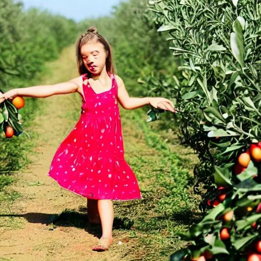 Prompt: A girl dancing while wearing a green dress goes to the plains to pick pomegranates.