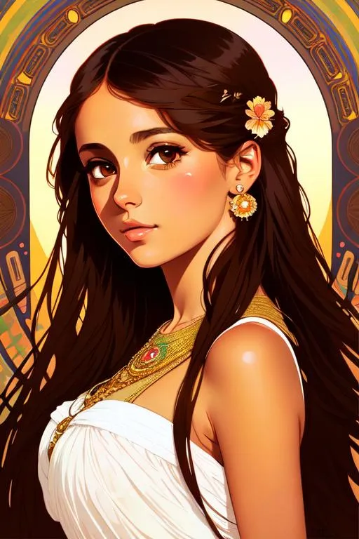 Prompt: Upper body portrait of Cute girl Arianna Grande, brown long hair, tan skin, sundress, intricate, detailed face. by Ilya Kuvshinov and Alphonse Mucha. Dreamy, sparkles