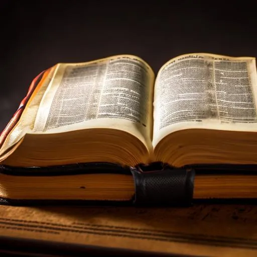 Prompt: A close-up of an open Bible, with a round stained crown of thorns placed on top of it. Next to the Bible is a pair of eyeglasses. The eyeglasses are slightly tilted, as if someone has just removed them. The background is a dark color, such as black or navy blue.