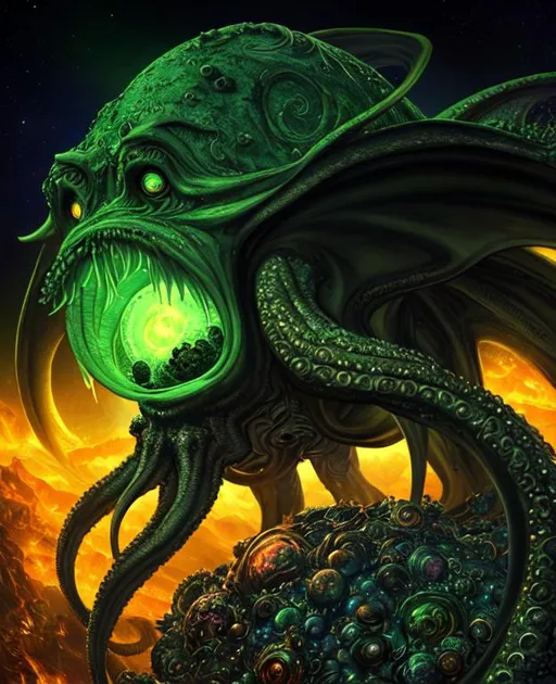 Prompt: Cthulhu, planet and stars in sky, intricate, masterpiece, hyper detailed, firestorm, 8k, neon highlights, HDR, Highly Detailed, perfect composition, photo real, realistic, super detailed, 8k, high quality, sharp focus, intricate details, highly detailed, masterpiece