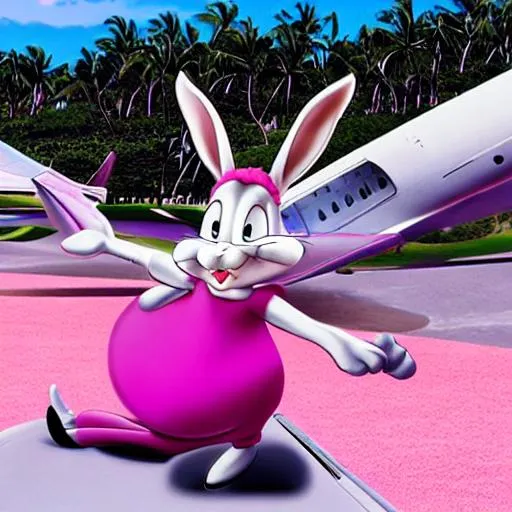 Prompt: bugs bunny flying his pink private jet to hawaii