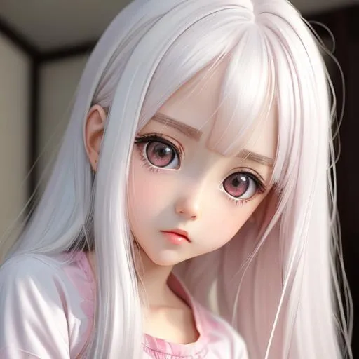 Prompt: Highly detailed realistic anime art of a young russian girl cute, long straight white hair,  big eyes looking up towards the camera, age=5, camo shirt, pink panties, adorable, cute sleepy, yawn