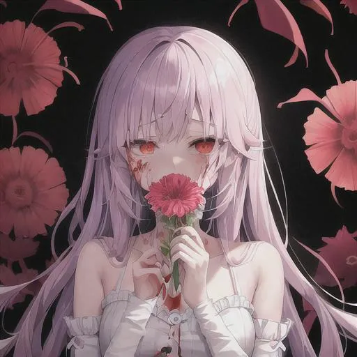 Prompt: anime girl coughing up flowers, bloody, sad, eye bags, a lot of blood, hands on throat, flowers in mouth, eating flowers, flowers coming from mouth, blood, bloody, sad, 
