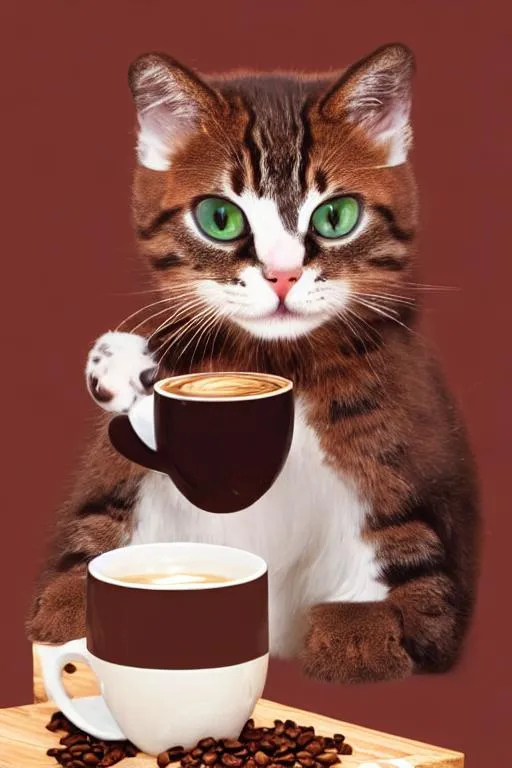 Prompt: a cute cat with coffee, full face, dramatic lights, ultra realistic, rokoko style, nice background, 8k,