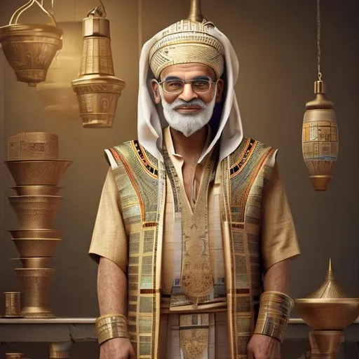 Prompt:  Ancient Old man with Egyptian clothing wear, a chemist jabir bin hayyan a Muslim chemist scientist realistic portrait 