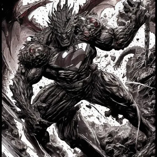 Prompt: Todd McFarlane Superman dragon variant. muscular. dark gritty. Bloody. Hurt. Damaged. Accurate. realistic. evil eyes. Slow exposure. Detailed. Dirty. Dark and gritty. Post-apocalyptic. Shadows. Sinister. Intense. 