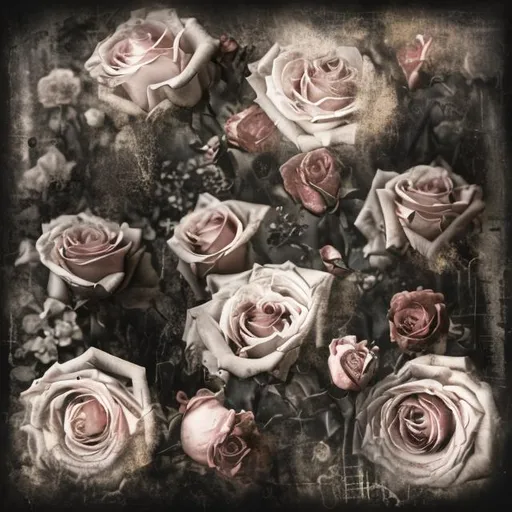 Prompt: moody pale roses on a dark background with grunge and crackling effects
 in the style of Victorian still-life