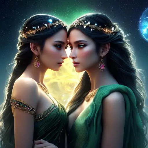 Prompt: HD 4k 3D 8k professional modeling photo hyper realistic beautiful twin women ethereal greek goddesses of disputes
dark green hair brown eyes gorgeous face black skin shimmering dress with jewelry laurel headpiece full body surrounded by magical glowing  light hd landscape background two twins arguing in dark gloomy underworld