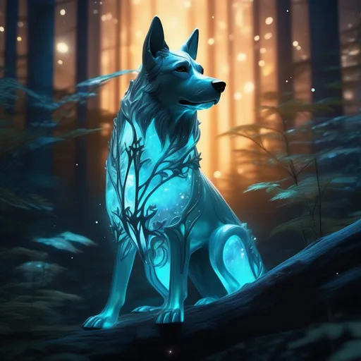 Prompt: A fantasy translucent dog that is glowing, in a forest surrounded by bones, beneath the stars, bioluminescent, highres, best quality, concept art