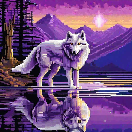 Prompt: (pixel art), 32-bit, beautiful {white wolf}, with {silver eyes}, looking at viewer, glaring through fourth wall, layers of purple mountain silhouettes, magical fantasy crystal lake, twilight, highly detailed, beautifully detailed shading, complementary colors, golden ratio