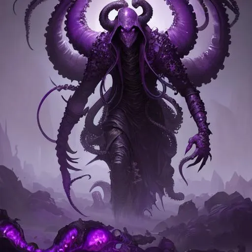 Prompt: Purple knight, eldritch being, tentacles, lovecraft, greg rutkowski, trending on artstation