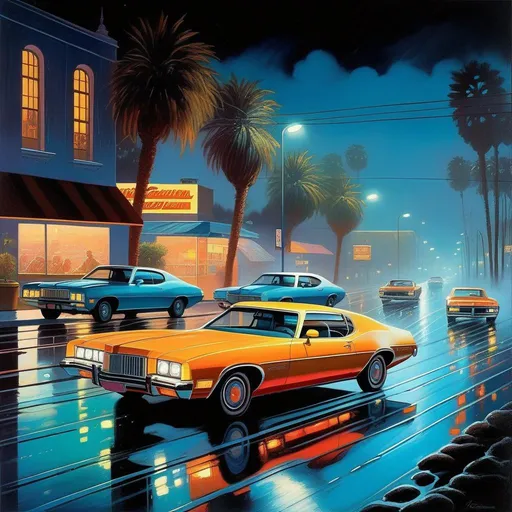 Prompt: 1970s, Los Angeles at night, neon, car chase, rain, fog, cold blue atmosphere, cartoony style, extremely detailed painting by Greg Rutkowski and by Henry Justice Ford and by Steve Henderson