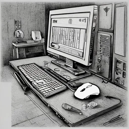 Prompt: computer desktop with keyboard and mouse, ink drawing in the style of Leonardo da Vinci