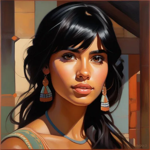 Prompt: Facial portrait of a young Chilean woman, olive skin, black hair, bangs, dark brown eyes, cartoony style, extremely detailed painting by Greg Rutkowski and by Henry Justice Ford and by Steve Henderson 
