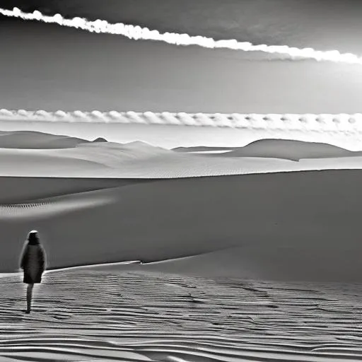 Amidst the vast expanse of the barren desert, a soli...