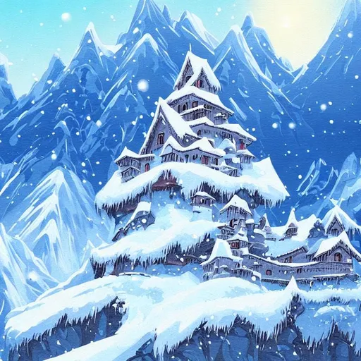 Prompt: A snowy mountain landscape with a hidden castle, in the style of Hayao Miyazaki for use as a home decoration painting
