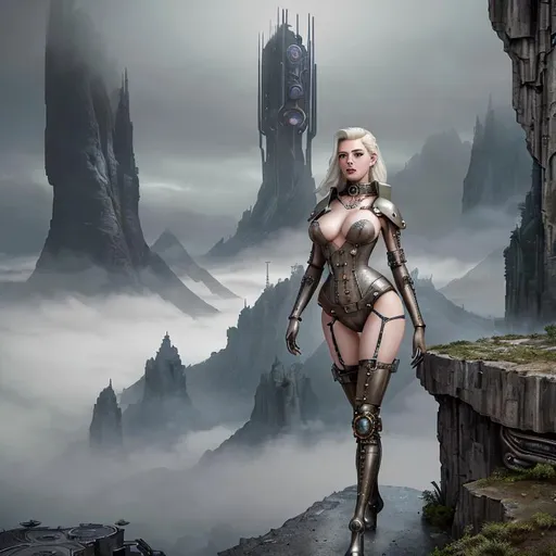 Prompt: Realistic futuristic dystopian landscape, heavy mist, at the edge of a mountain, with a large time hole on the ground,

Depicting a female Steampunk, PinUp High Fantasy Time Keeper, an exquisite portrayal of an exotic, gorgeous, slender, ultra realistic young adult woman, wearing a heavy iron collar,

Gorgeous perfectly detailed facial features, long legs, vibrant sumptuous perfect body, ultra pale, visible midriff, 

Perfect studio lighting, perfect shading, Professional Photo Realistic Image, RAW, artstation, splash style dark fractal paint, contour, hyper detailed, intricately detailed, unreal engine, fantastical, intricate detail, steam screen, complimentary colors, fantasy concept art, 64k resolution, deviantart masterpiece, splash arts, ultra details, Ultra realistic, hi res, UHD, complete 3D rendering.