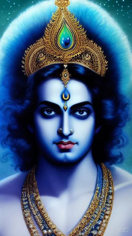 Prompt: Krsna, god, blue skin, divine, attractive male, highly-detailed, elegant, handsome face, nebula space, long black Hair, peacock feather crown, detailed, illustration, concept art, smooth, sharp focus, art by Jude Palencar, Luis Royo, John Collier Mucha, detailed skin, realistic, photo-realistic, 8k, full length frame,