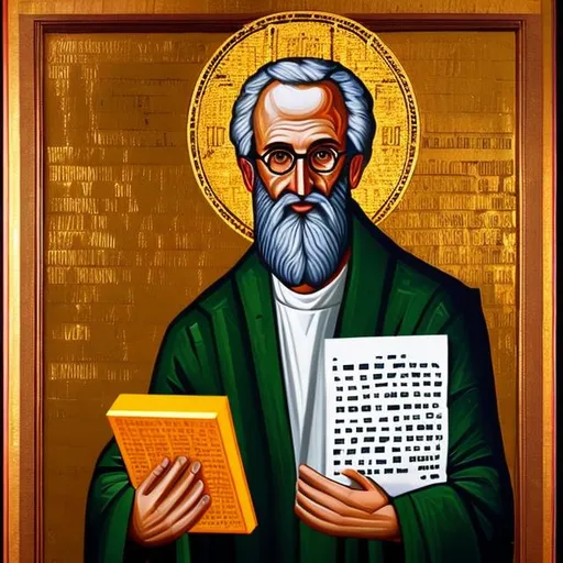 Prompt: a painting of Dan Bricklin holding an excel worksheet in the style of russian orthodox iconography 