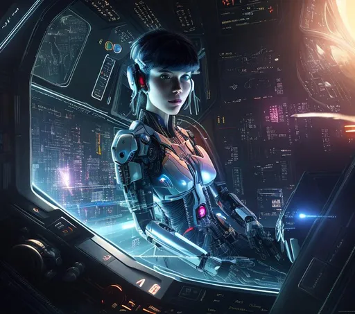 Prompt: a cyborg in a spaceship cockpit , ghost in the shell, high details, realistic, professionally colour graded, photorealism, 8k, pixiv, tumblr, instagram, deviantart, art by sakimi chan