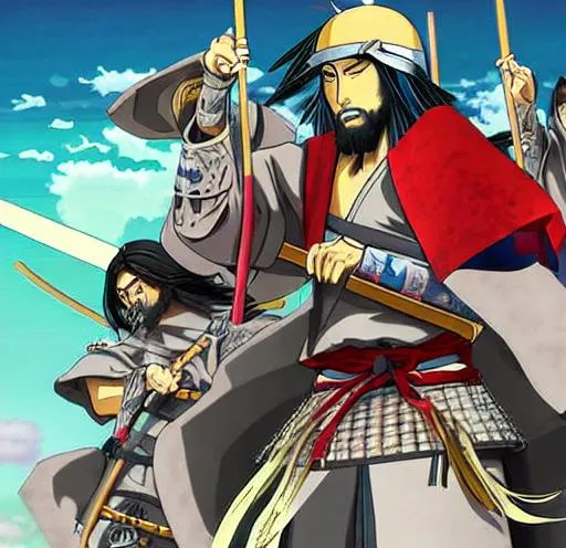 Prompt: Anime war scene graphic High detail Samurai warrior crusaders with Jesus Christ as depicted in the book of  revaltion coming out of heaven gathering his chosen to ride against the enemy Satan and his fallen cyberpunk ninjas