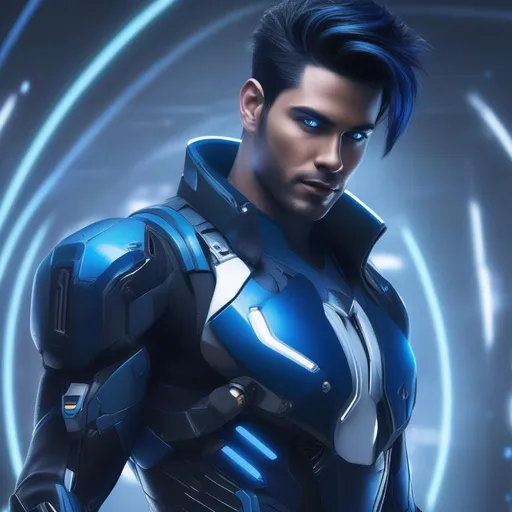Prompt: Picture shows a 35 year old male full body image with a quiff hairstyle. He has black striaght hair with minute blue streaks in it. He is a cyborg and black eyes and has blue streaks under his eyes. He is holding a futuristic gun and facing the viewer with a smile. He is wearing a dark blue bodysuit with streaks of white. The background is of a futuristic, cyberpunk city. He is mature. It will be of the highest quality, best quality, HD, vibrant colours and best art. 