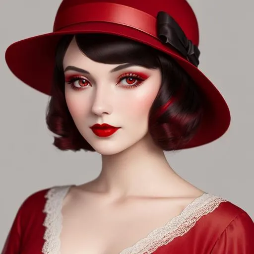 Prompt: a pretty girl  dressed in red, wearing a  large red hat 1920's era, bob hair cut, 1920's era makeup, facial closeup