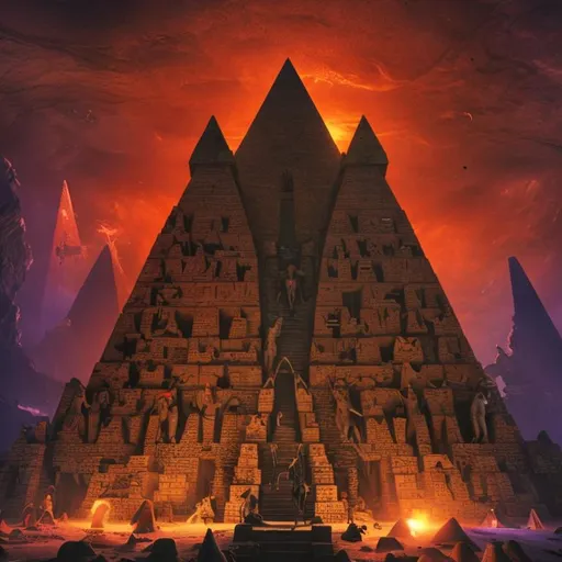 Prompt: An egytian pyramid with anubis in a sunken tomb, in an unexplored cave, high quality 4K, underwater, gore, gory, ancient, horror, grave, purple yellow orange red terror scary blood violent violence red highlights yellow highlights orange highlights 