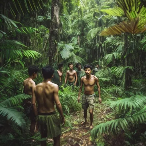 Prompt: A man lost in the jungle with his friends and survival for his life with nothing asian man and woman show there. Body clearly 