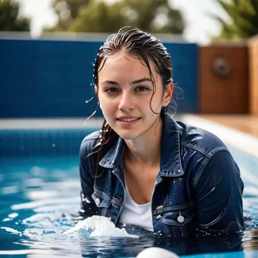 Prompt: photo of young woman, soaking wet clothes, white converse sneakers , dark navy blue jeans, White henley knit shirt, dark navy blue jean jacket,  , swimming in a pool,   enjoying, water dripping from clothes, clothes stuck to body,  detailed textures of the wet fabric, wet face, wet plastered hair,  wet, drenched, professional, high-quality details, full body view 