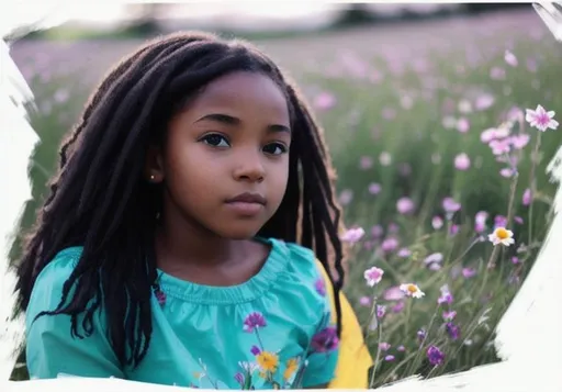 Prompt: A black girl  sitting in a flowery meadow.